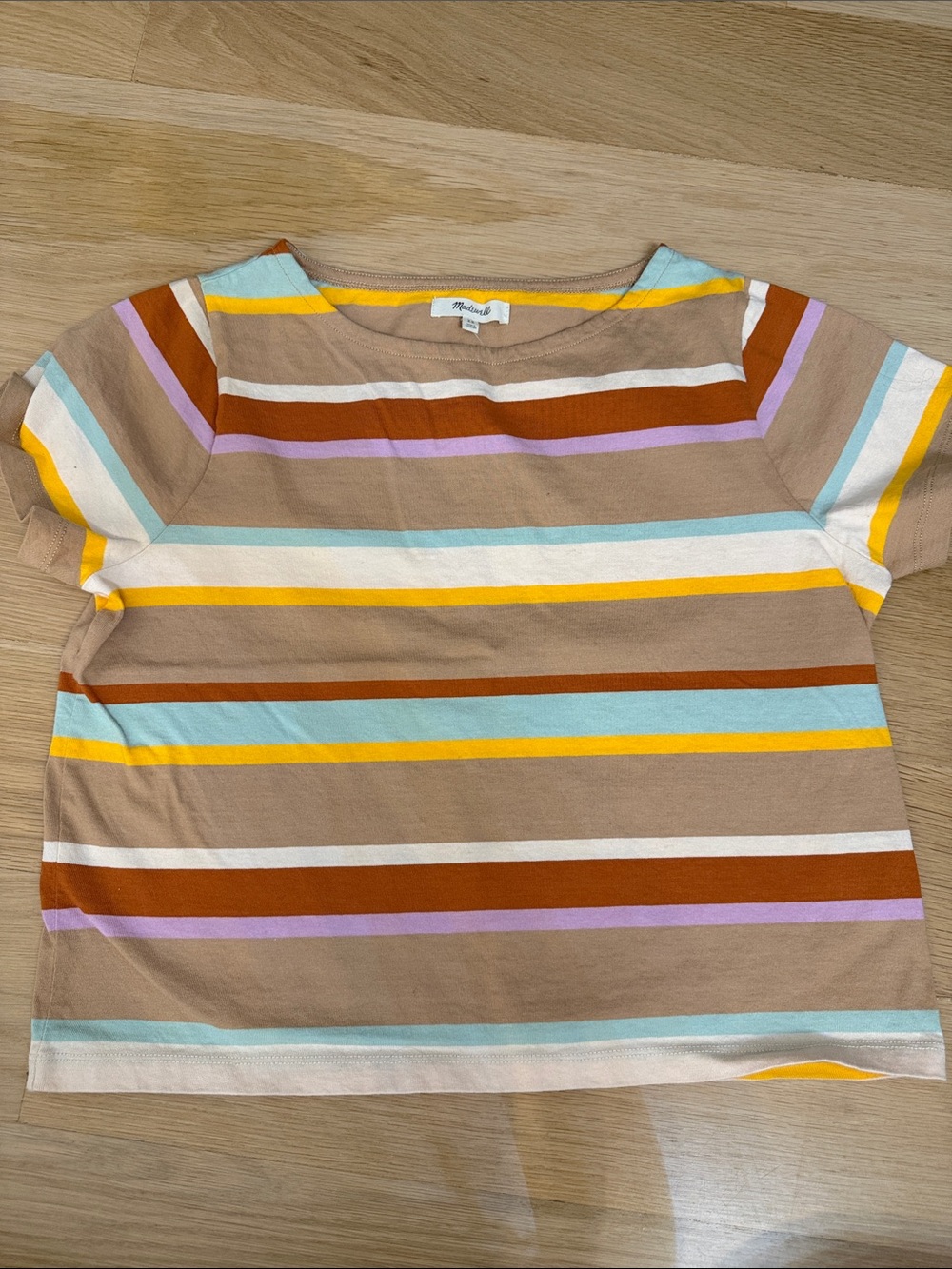 Madewell Beige Short Sleeve Tee with Yellow, Blue & Purple Stripes